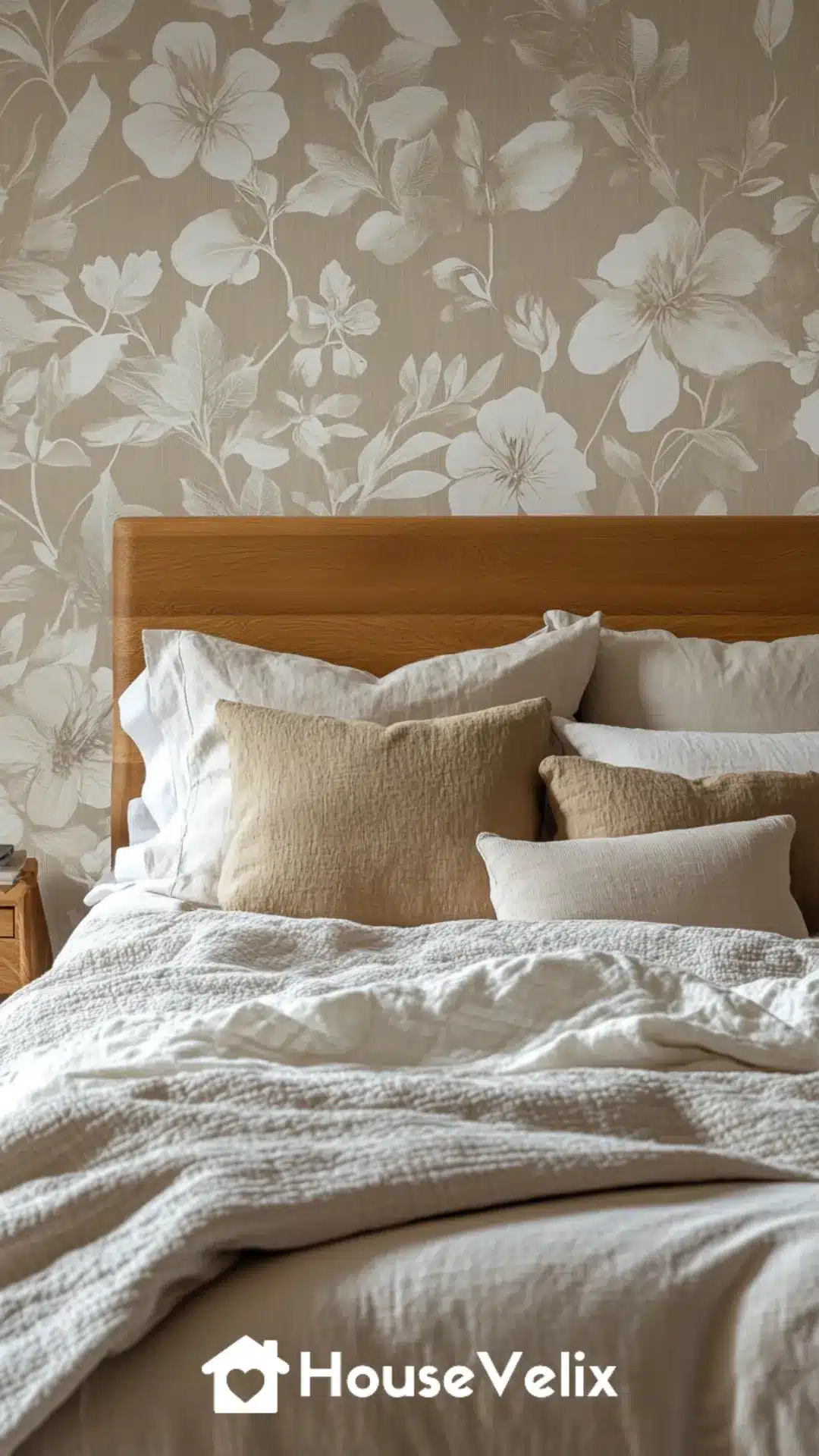 Neutral Botanical Wallpaper Behind Headboard Wall