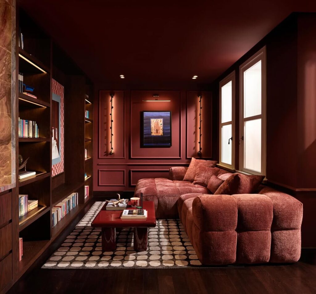Built-In Shelves for a Burgundy Media Lounge
