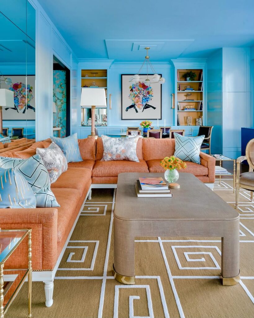 Built-Ins Painted Sky Blue with an Apricot Sectional