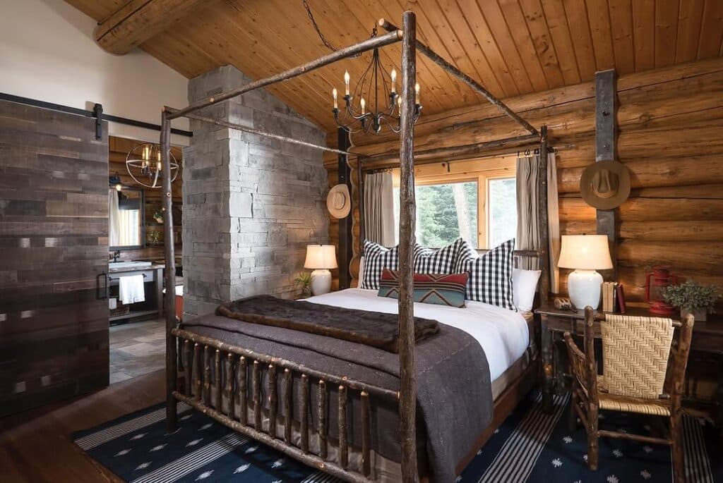 Cabin Bedroom with Timber and Plaid