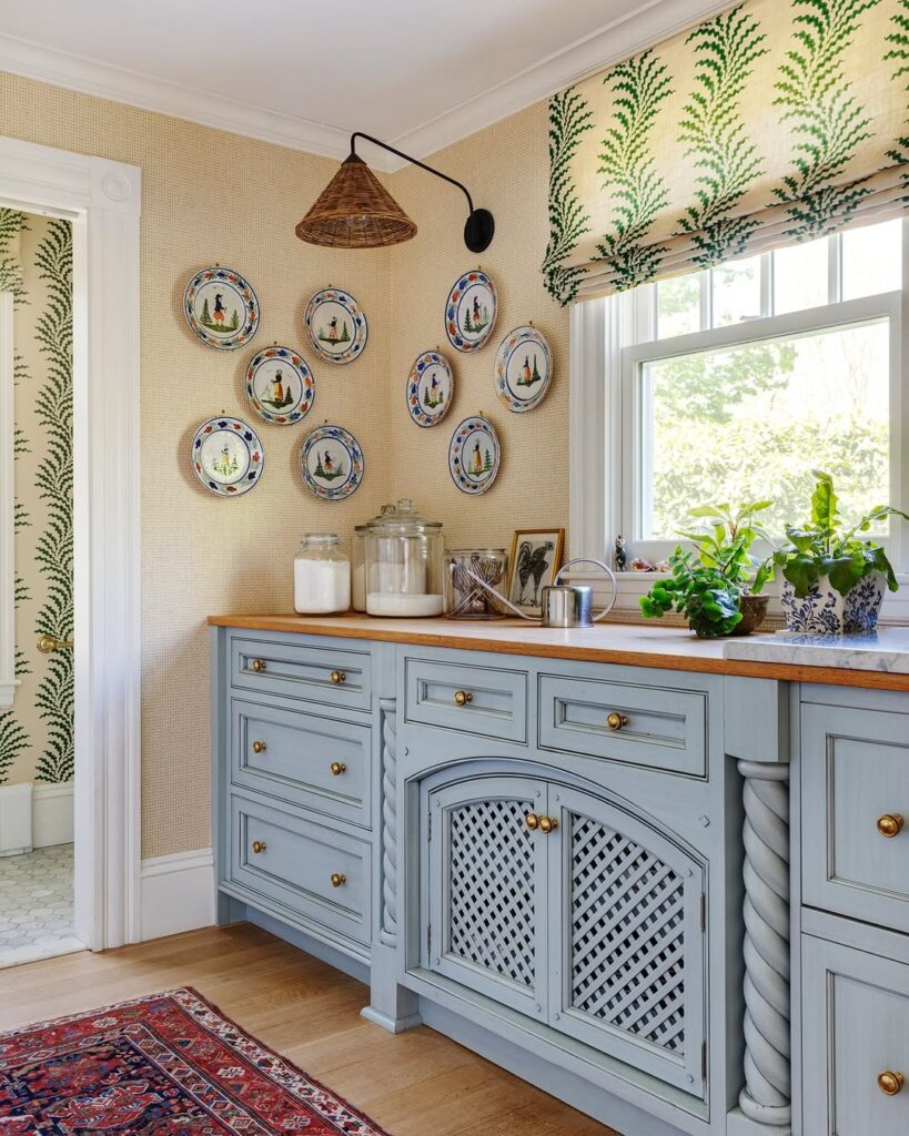 Cabinetry in powder blue and rustic accents