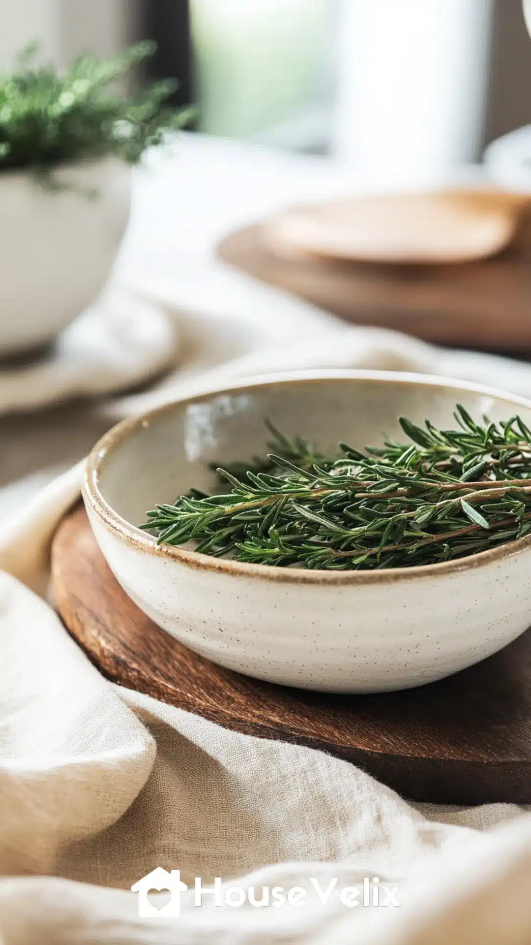 Herb-Filled Ceramic Bowls with Rosemary and Thyme