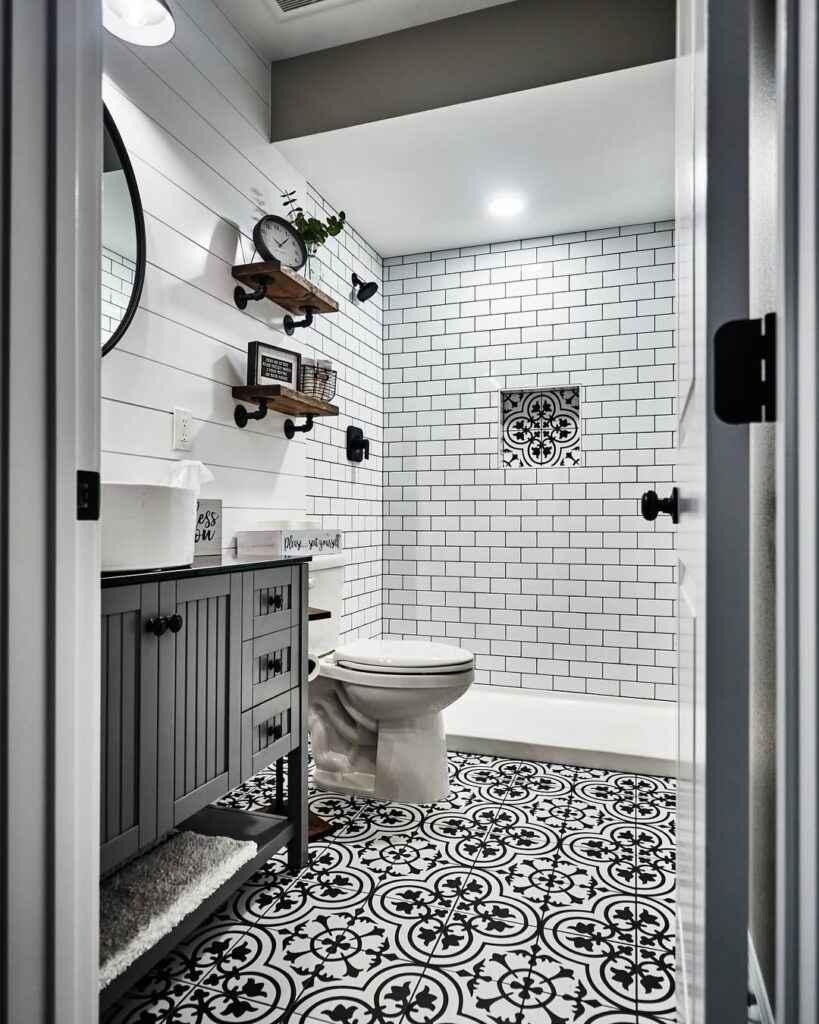 Charcoal Farmhouse Vanity and Patterned Tile