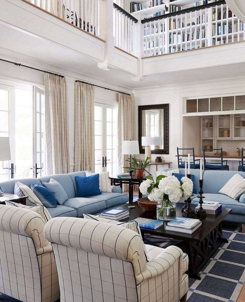 Checkered Blue Textiles in a White Living Room