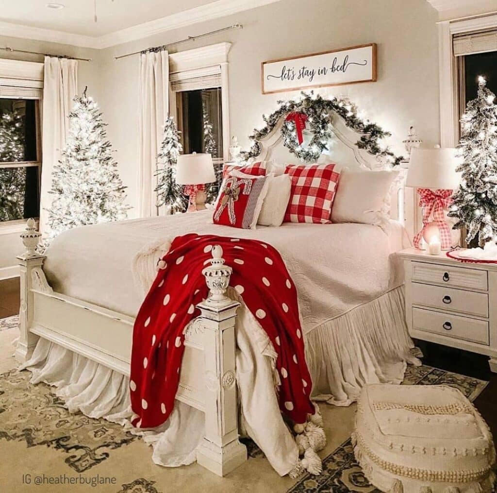 Christmas red gingham and garland bedroom