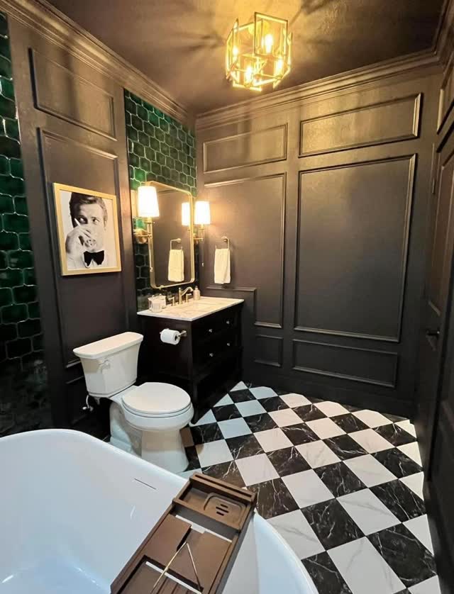 Classic Bathroom with Black Checkerboard Floor and Panelled Walls