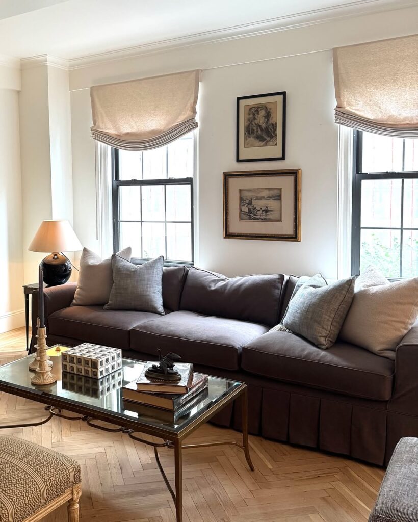 Classic Brown Sofa with Neutral Art