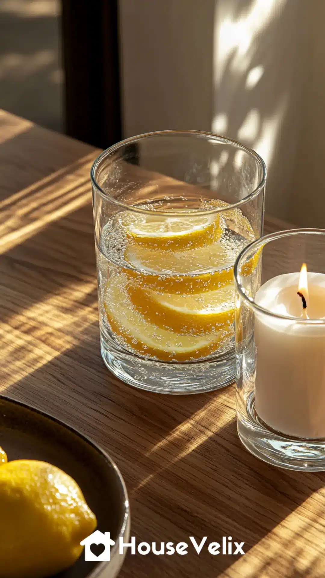 Clear Glass Hurricane Vases with Floating Lemon Slices and Candles