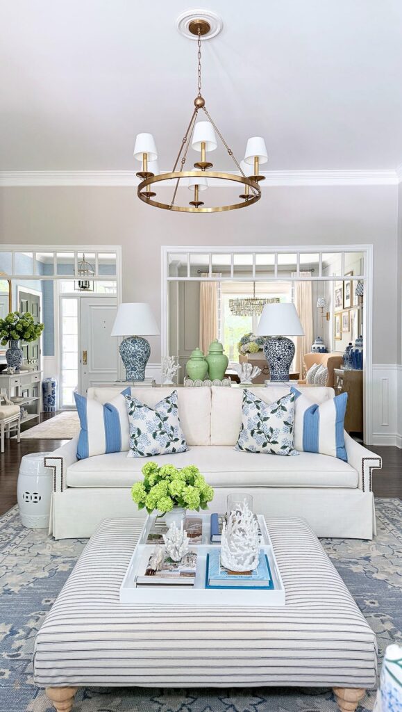 Coastal Blue Accents in a White Living Room