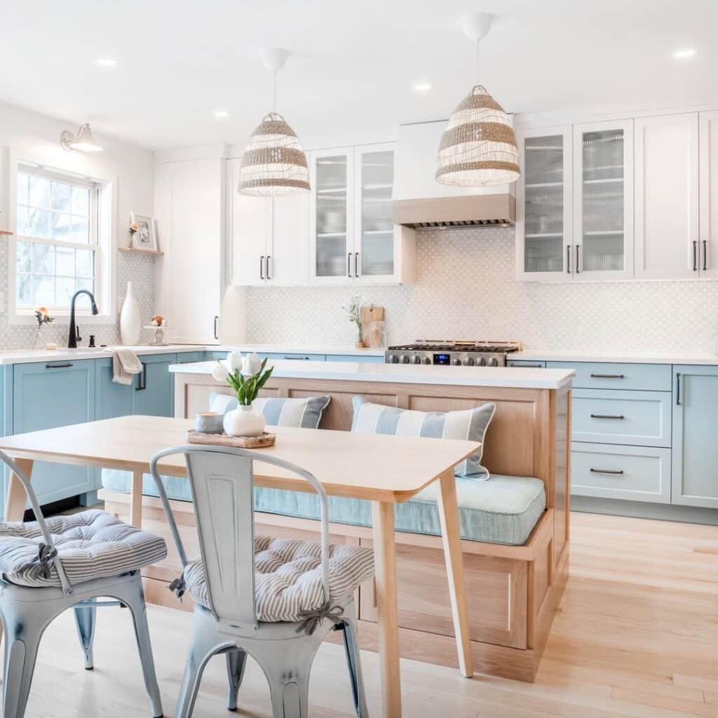 Coastal Blue Cabinets and Striped Seating