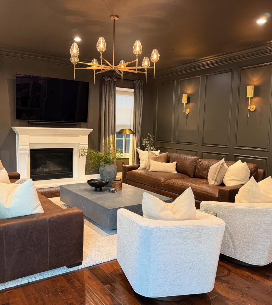 Cocoa Leather Anchors in a Moody Luxe Living Room