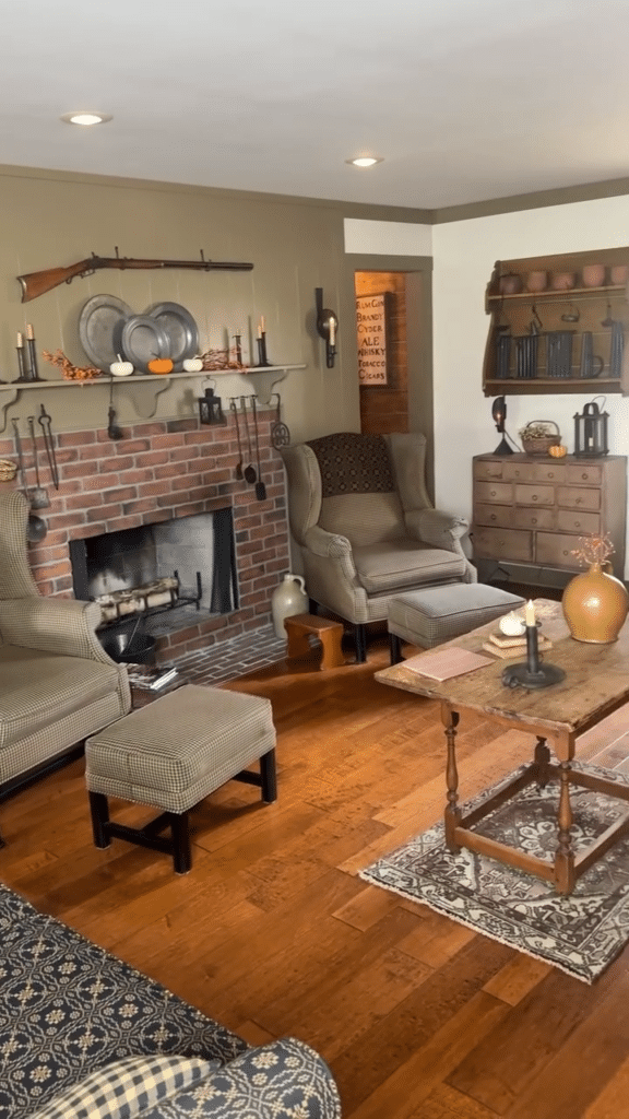 Colonial Hearth Gathering Among Rustic Relics