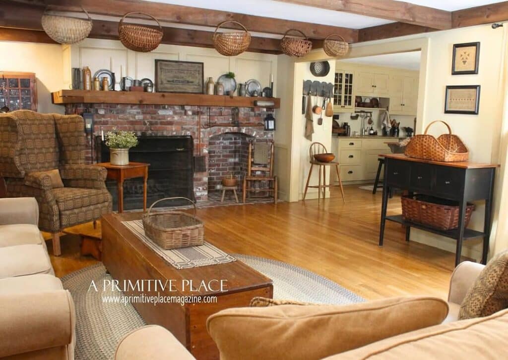 Colonial Room with a Brick Hearth and Baskets