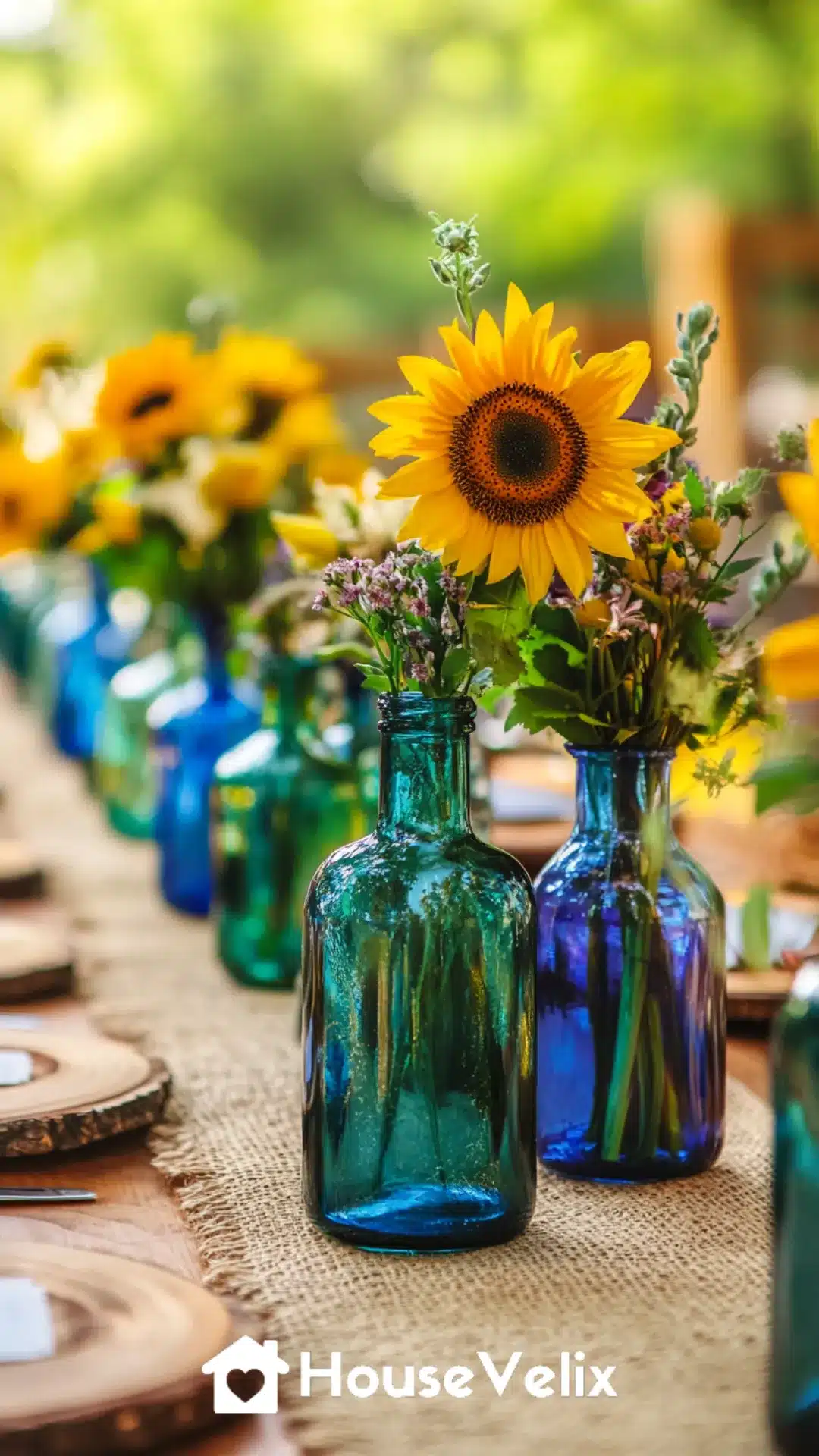 Colored Glass Bottles with Single-Stem Flowers