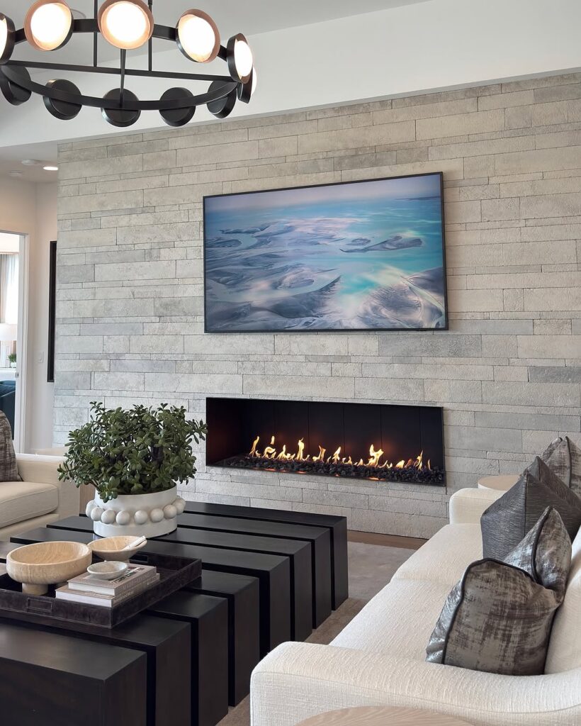 Contemporary Limestone Linear Fireplace