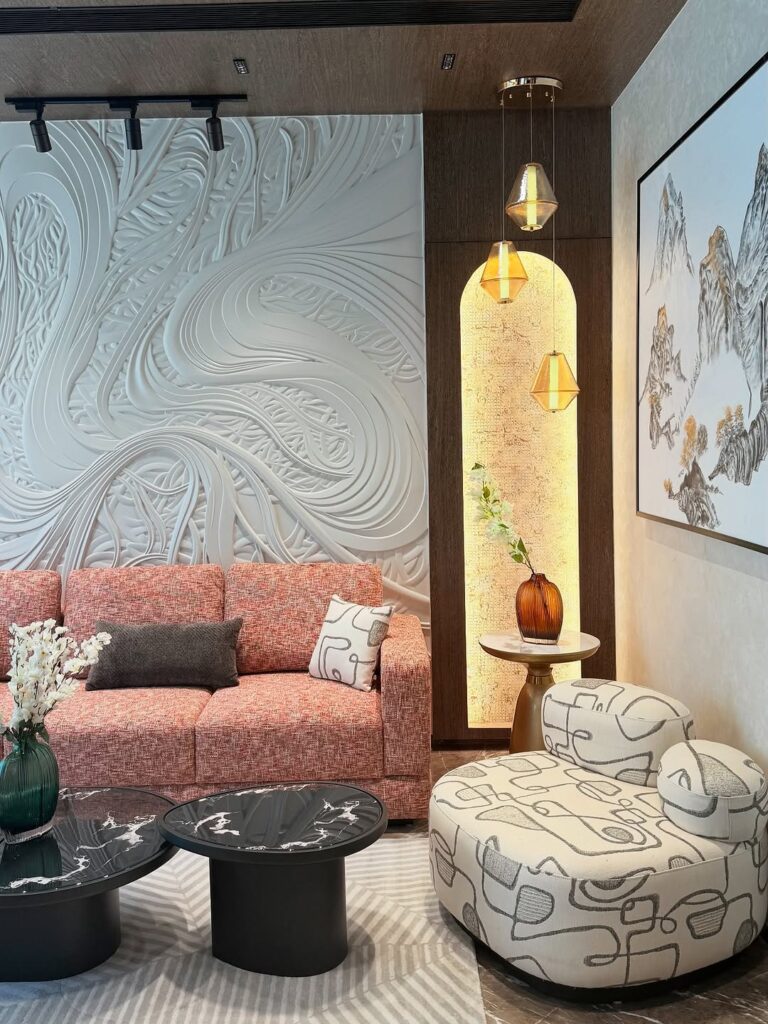 Contemporary Luxe Formal Living Room with Sculpted Wall Panels