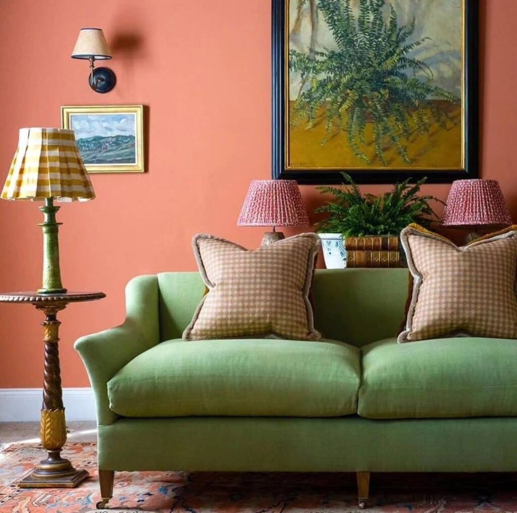 Coral Walls and Pistachio Green Sofa