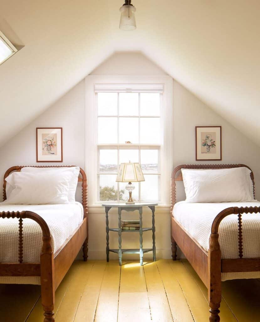 Cottage Sloped Ceiling Bedroom with Twin Beds
