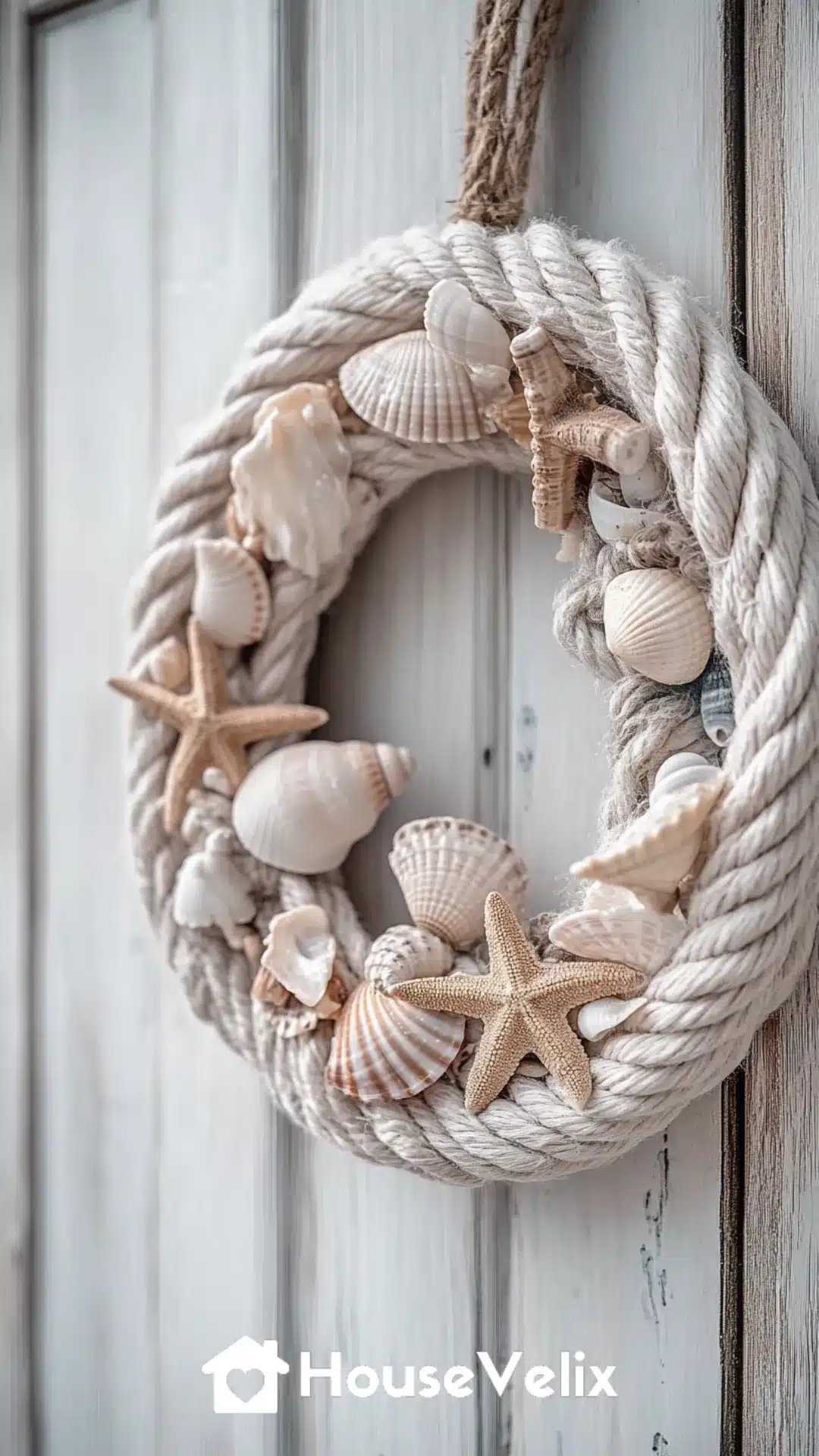 Cotton Rope Wrapped Wreath with Seashell Clusters