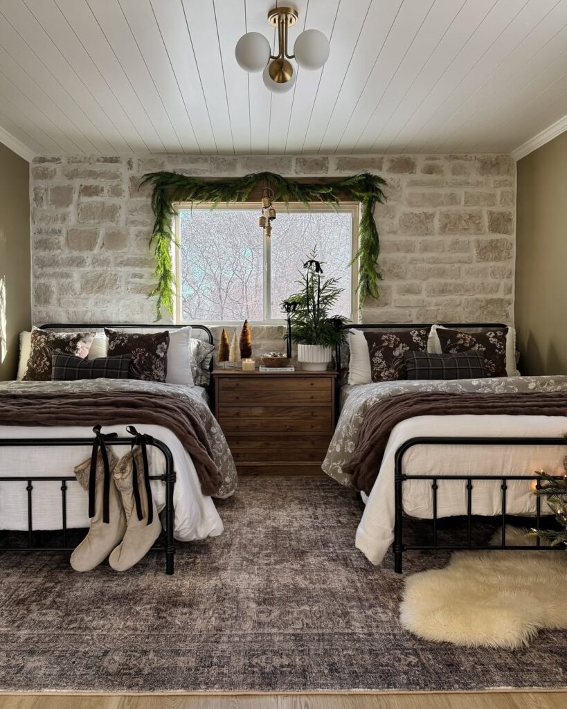 Country Bedroom with Stone Walls in a Winter Lodge