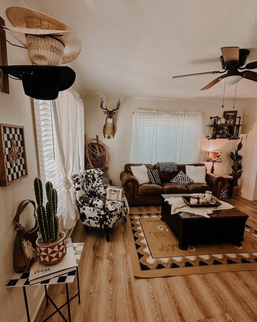 Cowhide Accent in a Western Boho Living Room