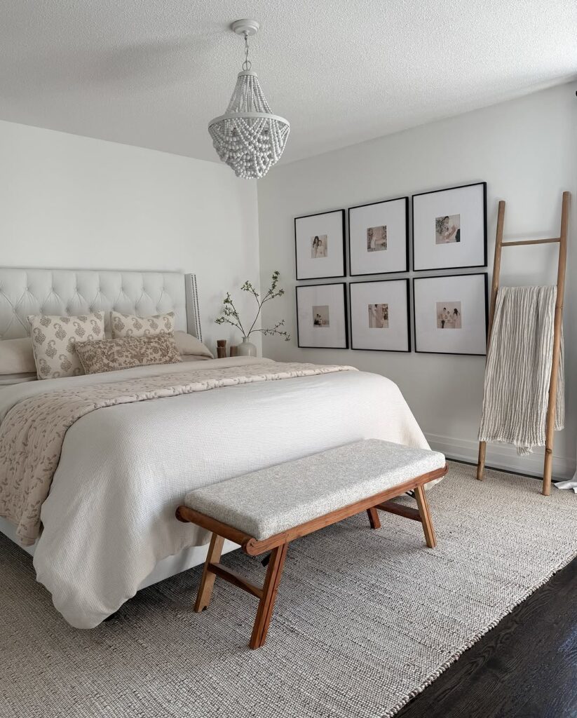 Cream Bedroom with a Beaded Chandelier
