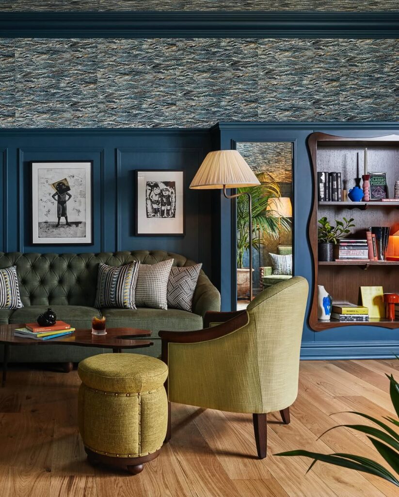 Curved Teal Seating in a Moody Library Lounge