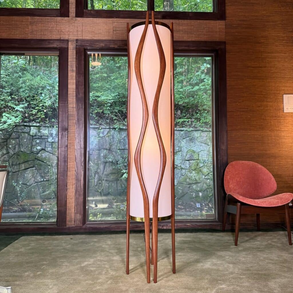 Curved Wood Floor Lamp with an Organic Lantern Form