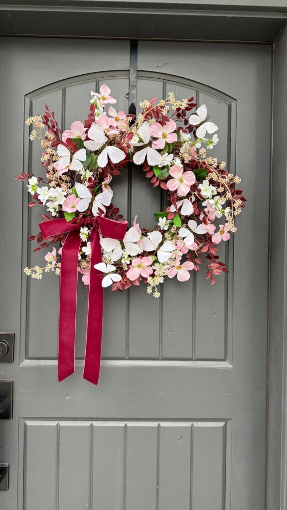 Dogwood Wreath in Blush with a Burgundy Bow