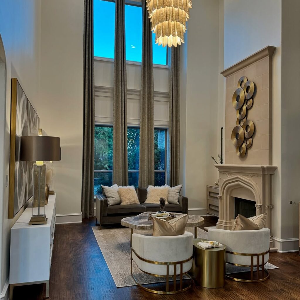 Double Height Sculptural Gold Living Room