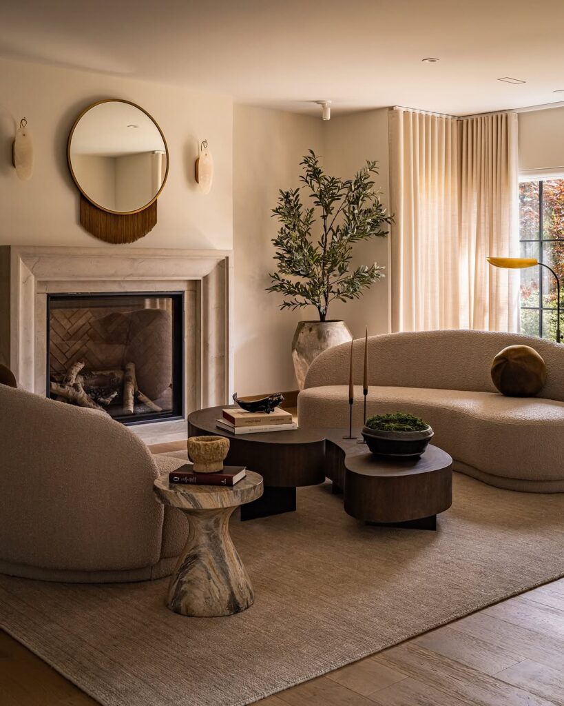 Earthy Formal Living Room with Curved Furniture