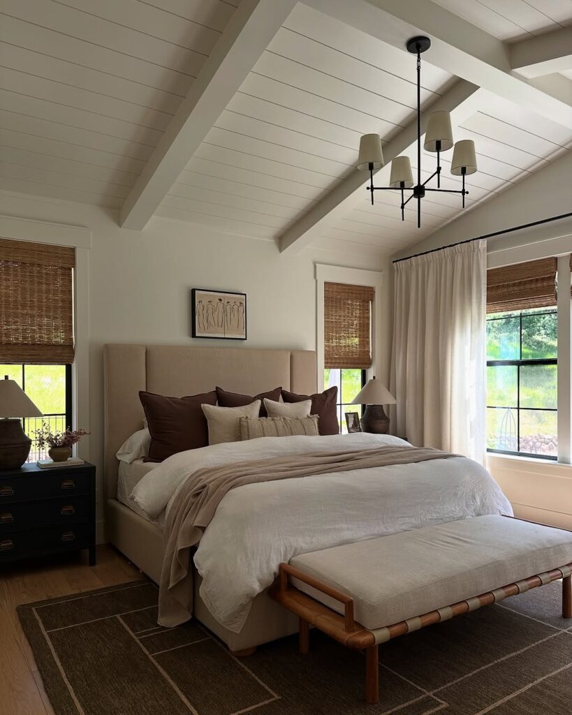 Earthy Taupe Bedroom with Brown Layers and Vaulted Shiplap