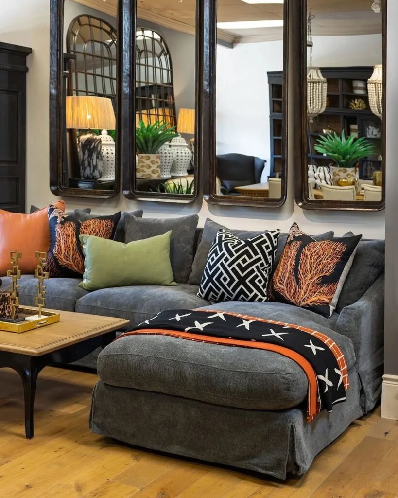 Eclectic Accents Around a Charcoal Sofa