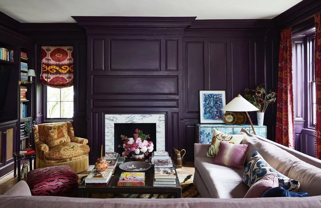 Eclectic Aubergine Room with Paneled Walls