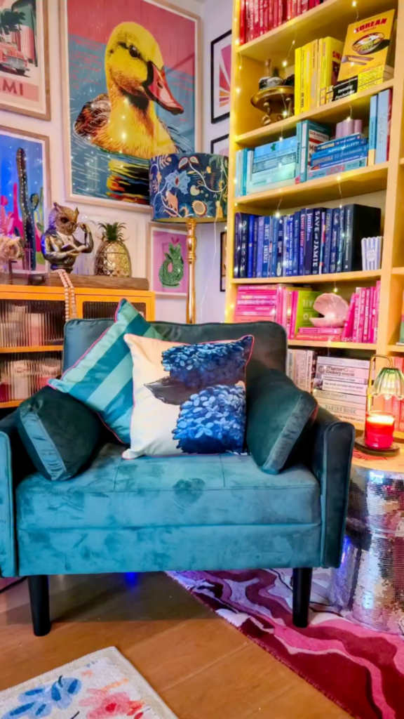 Eclectic nook with a color-drenched bookchair