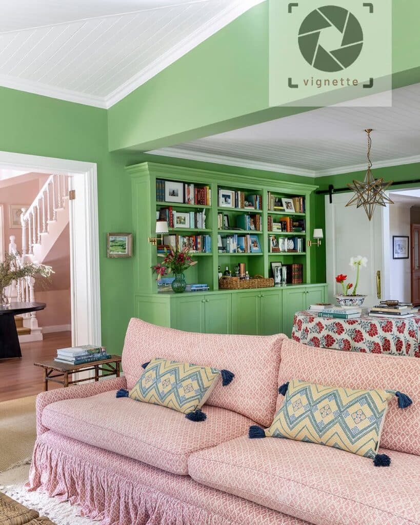 Emerald Built-Ins and a Pink Skirted Sofa