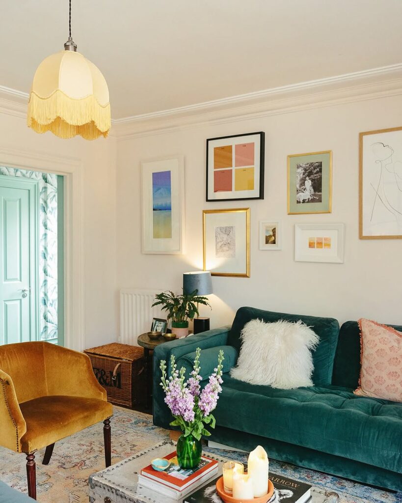 Emerald Couch in a Vintage Eclectic Living Room
