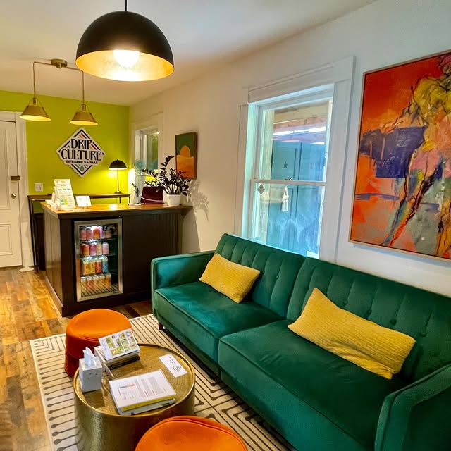 Emerald Seating with Citrus Orange Accents
