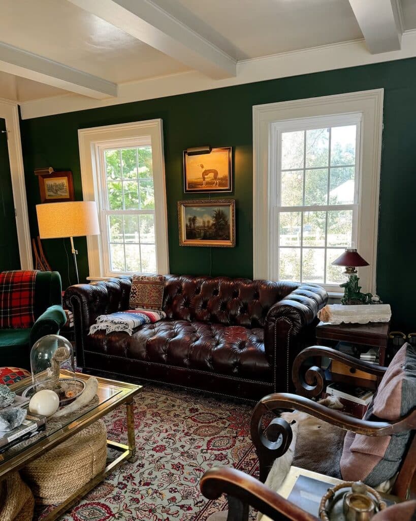 Emerald Warmth in an English Hunt Lodge Living Room