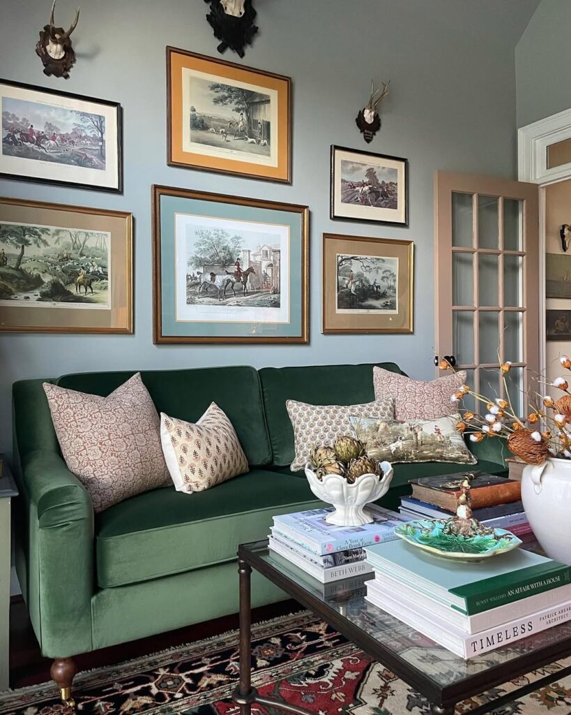 English Gallery Room with a Traditional Green Couch