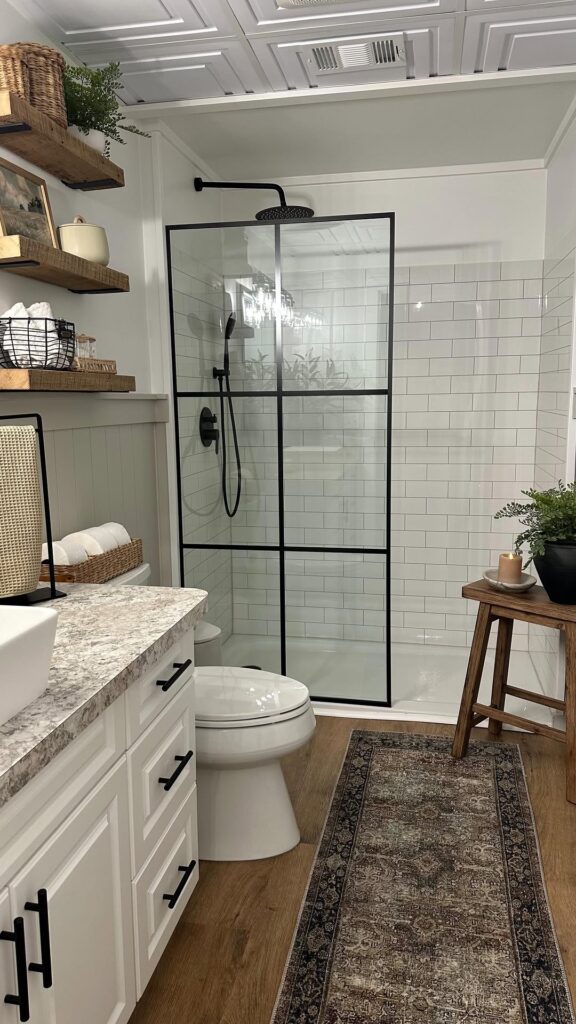 Farmhouse Bathroom with Grid Glass and Natural Texture