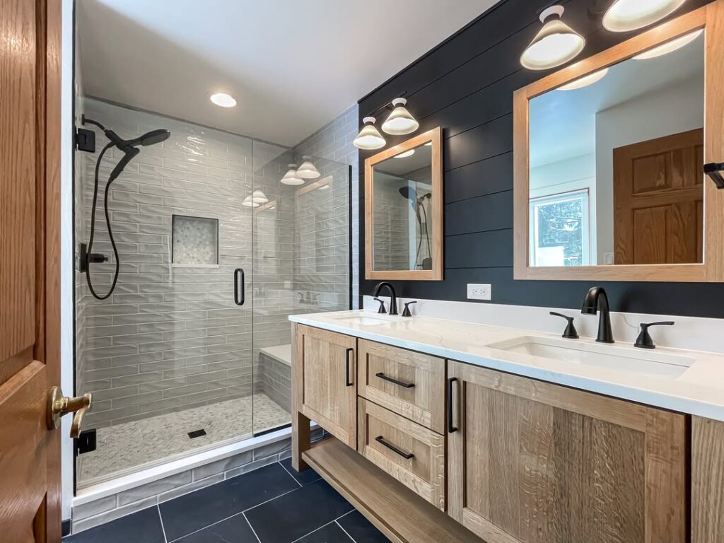 Farmhouse Bathroom with Oak Double Vanity