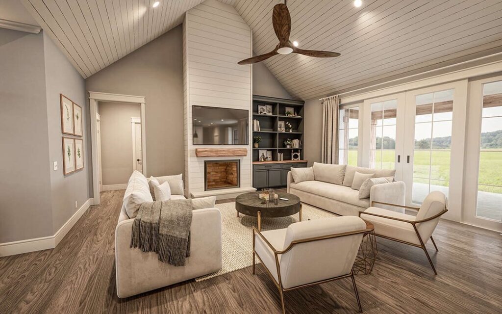 Farmhouse Living Room With Soft Neutral Shiplap Centrepiece