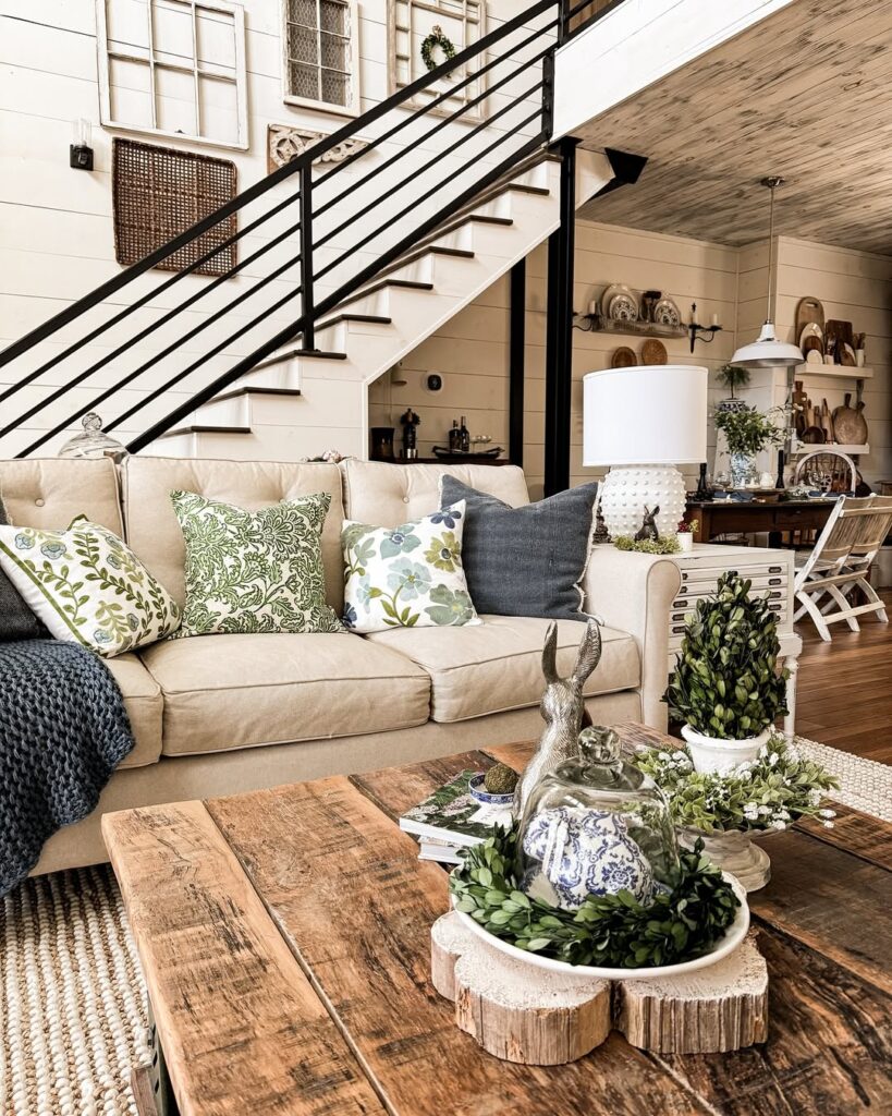 Farmhouse Lounge with Staircase Greenery