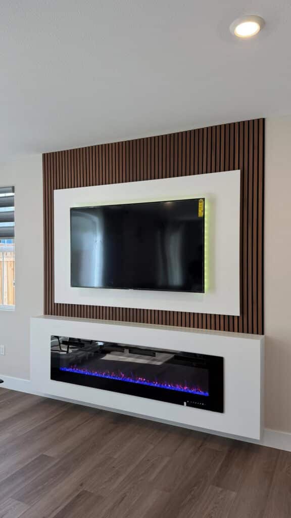 Floating TV wall and linear fireplace in a modern style