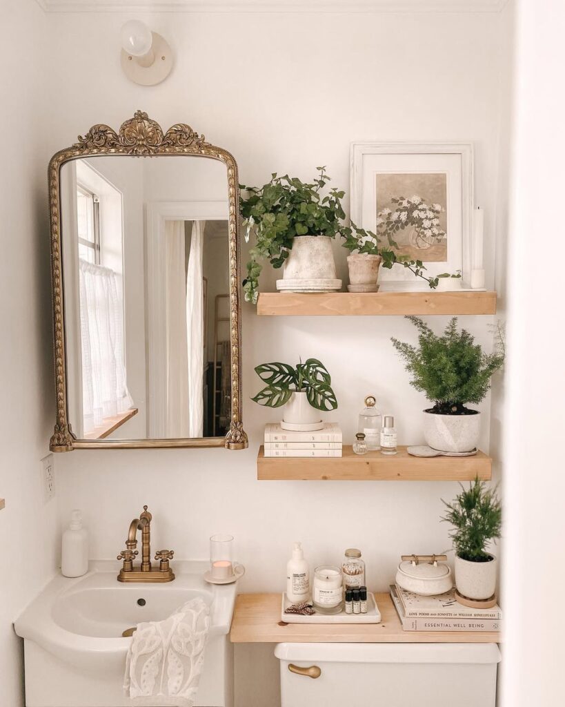 Floating Wood Ledges with a Vintage Mirror
