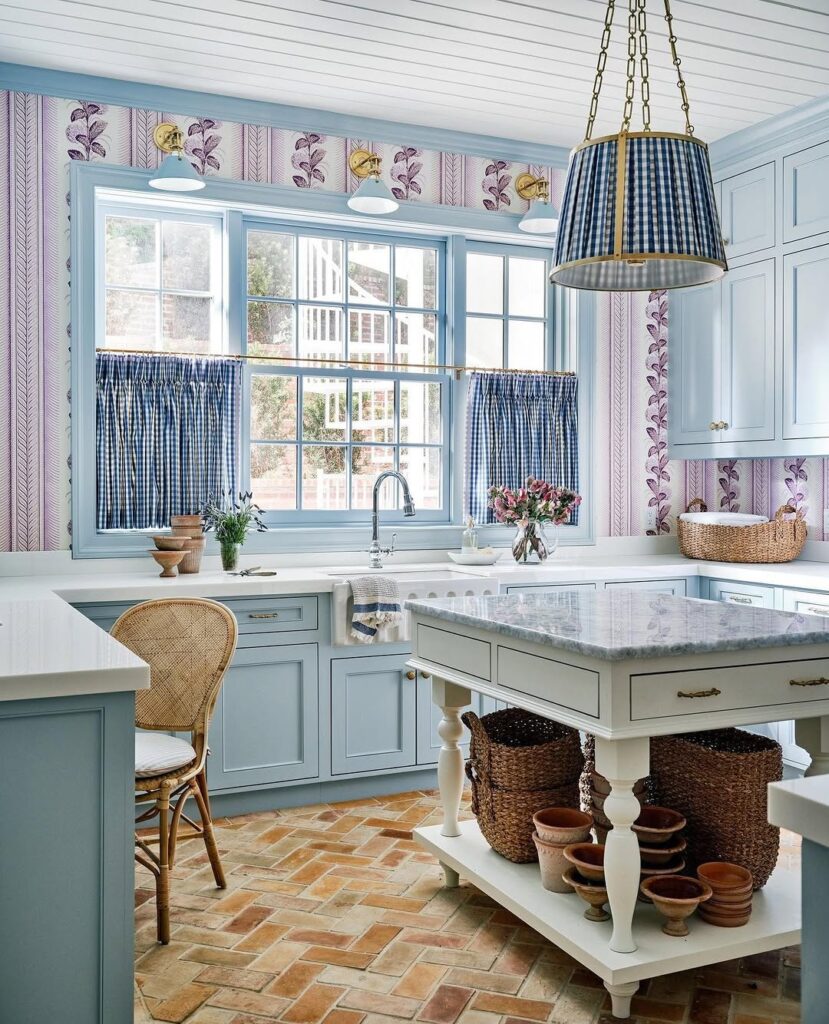 French Country Kitchen with Gingham and Brick