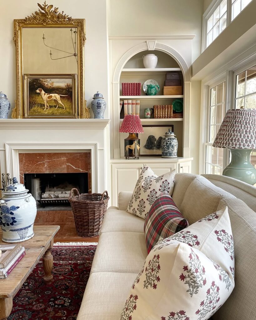 French Country Living Room with an Arched Fireplace