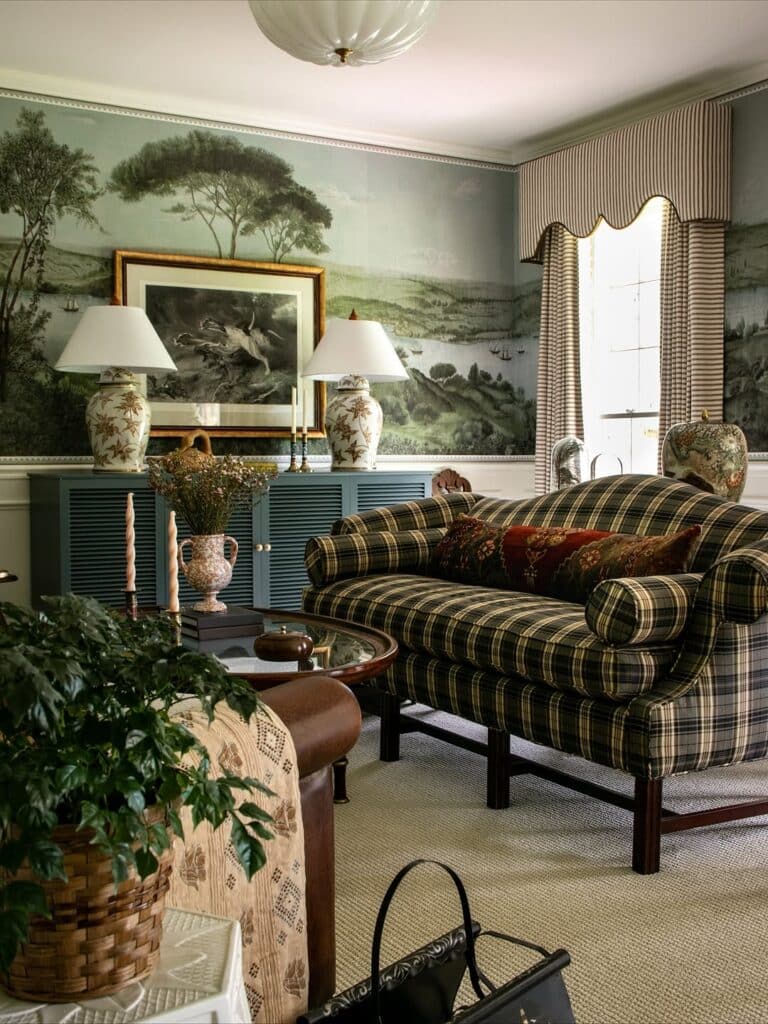 French Country Living Room with Pastoral Mural and Plaid Seating