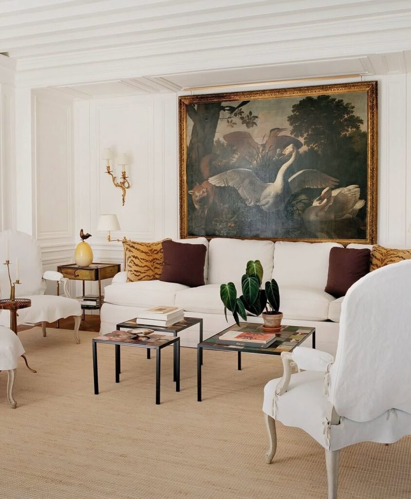 French Country Salon with Gilded Details and Slipcovered Seating